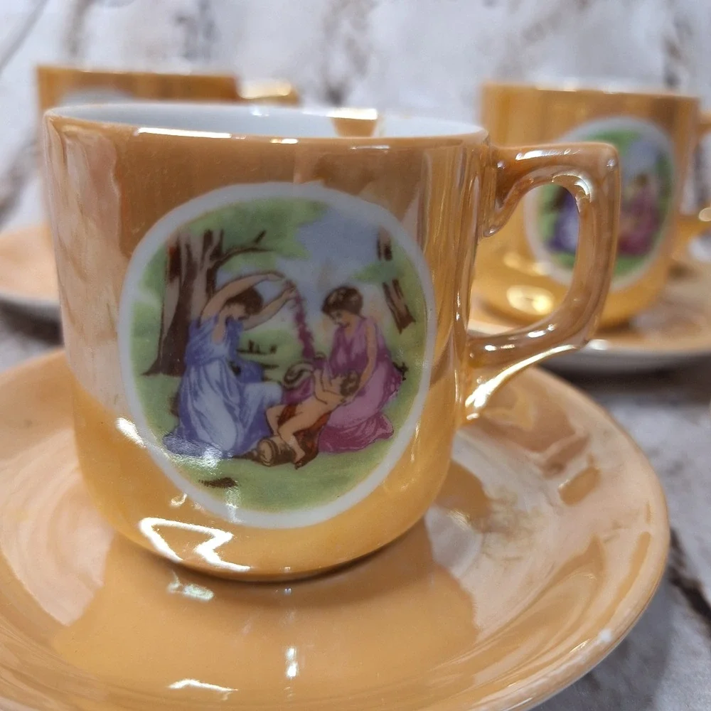 Vintage Japan Lusterware Demitasse Set 5 Cups Saucers Peach Iridescent Classical